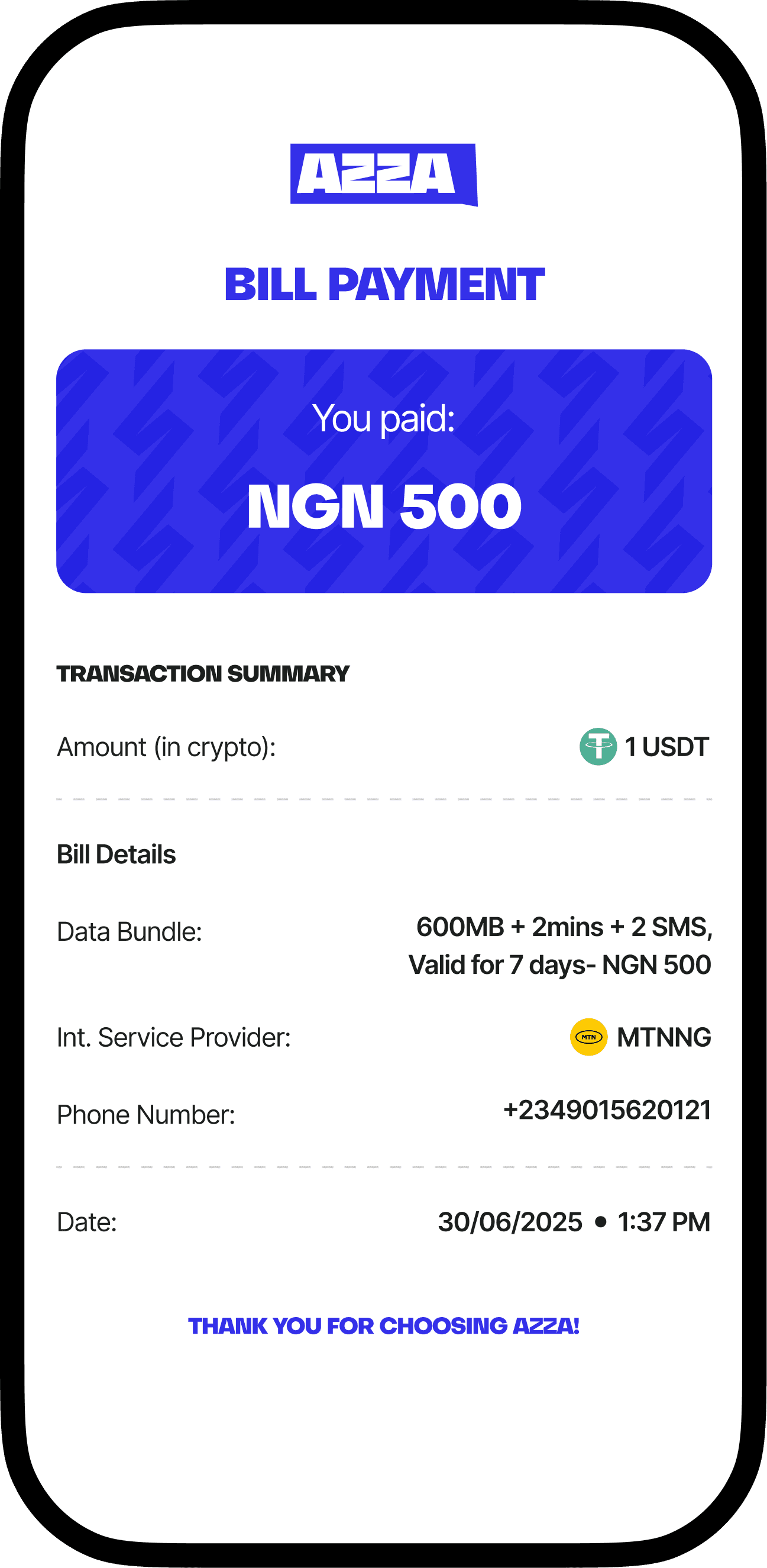 Azza bill payment receipt showing a completed data bundle purchase
