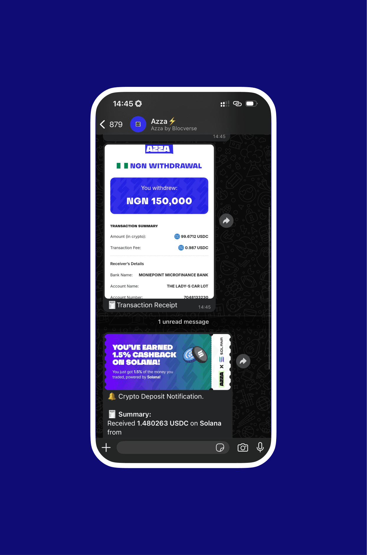 Phone mockup showing an Azza NGN withdrawal receipt and a Solana cashback notification