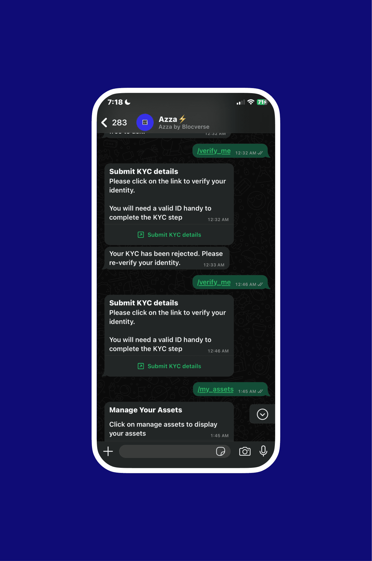 Phone mockup showing WhatsApp chat with Azza’s "Submit KYC details" flow