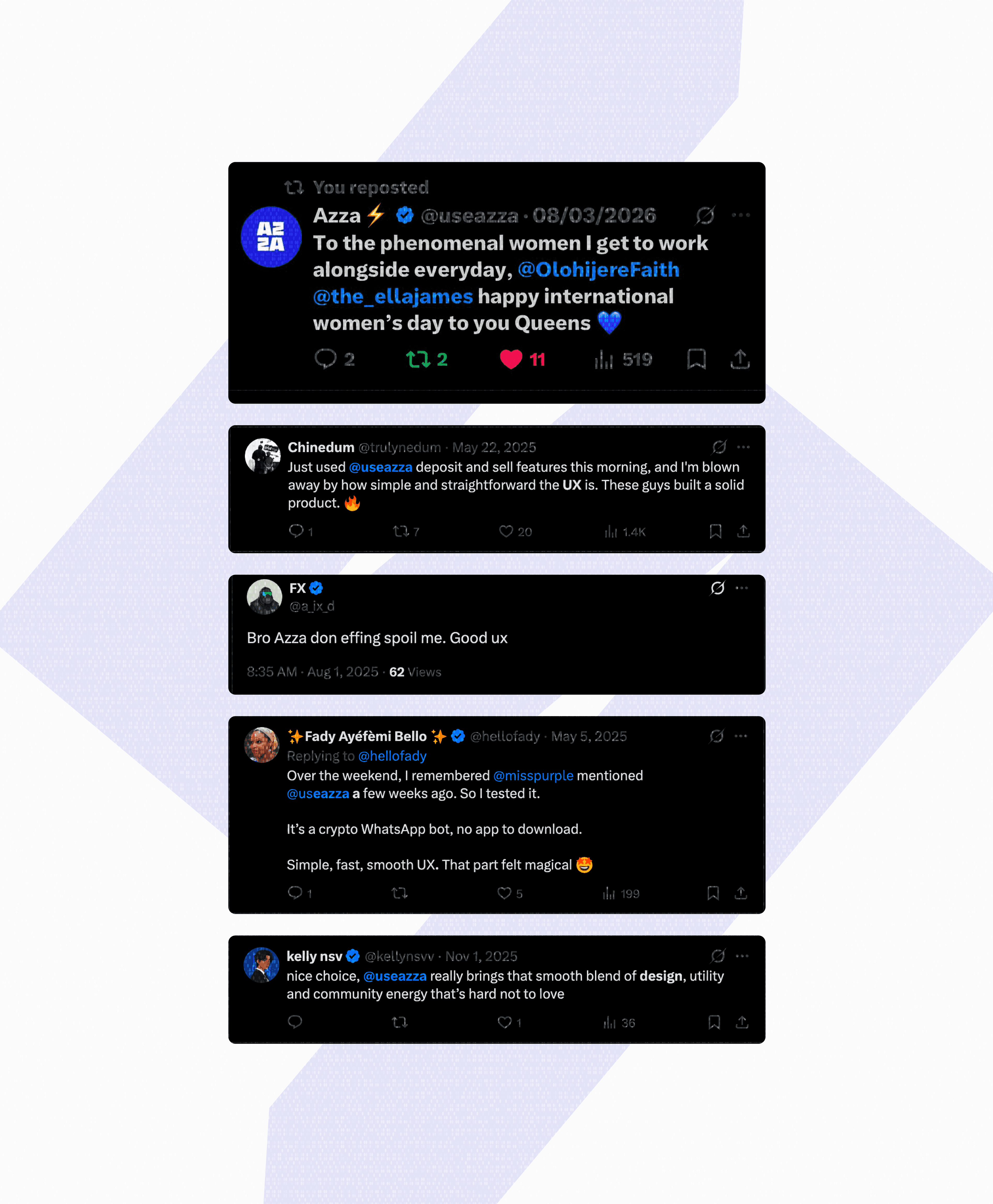 Collage of tweets and social media testimonials about Azza