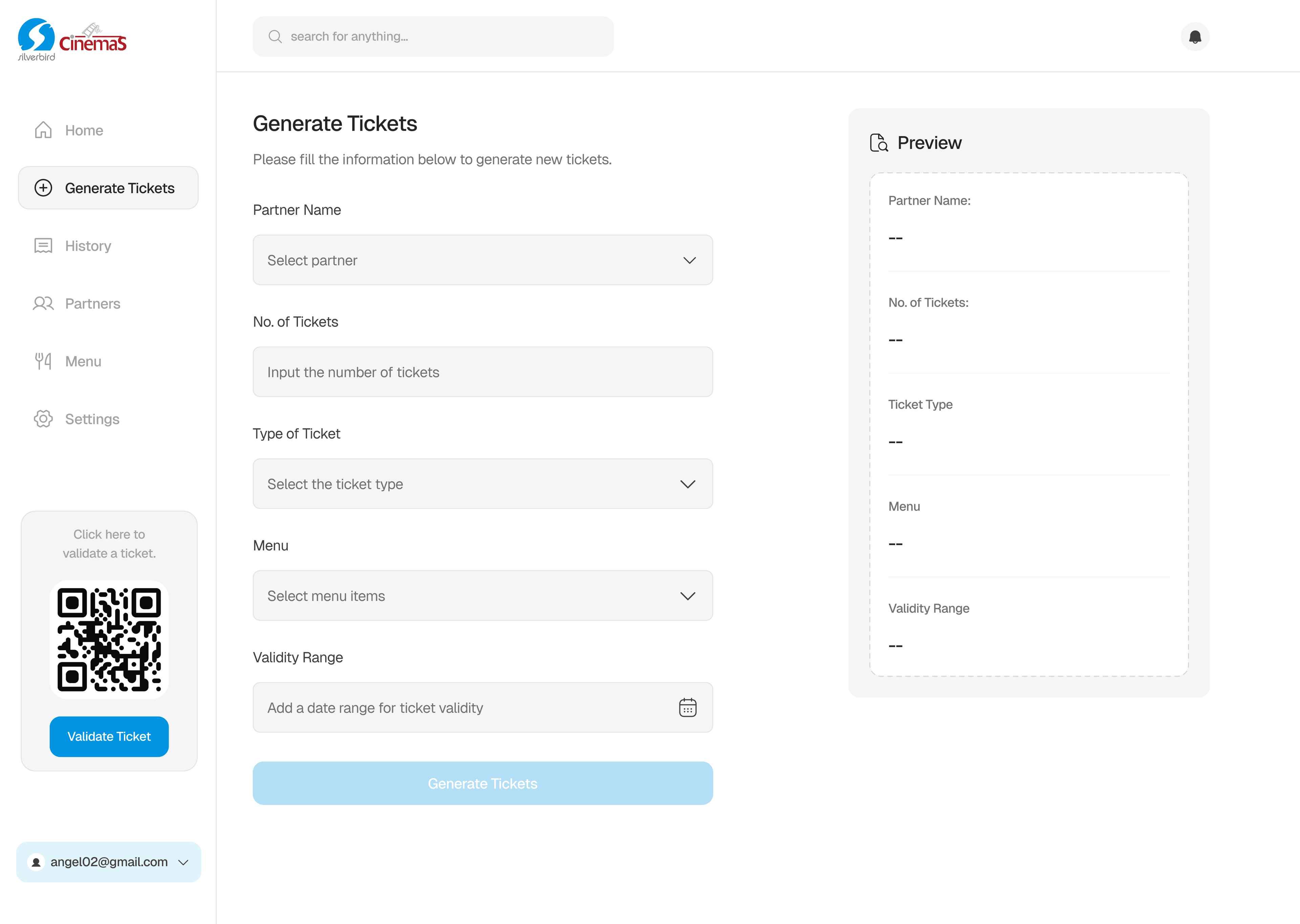 The empty Generate Tickets form: partner, number of tickets, ticket type, menu and validity range, beside an empty preview