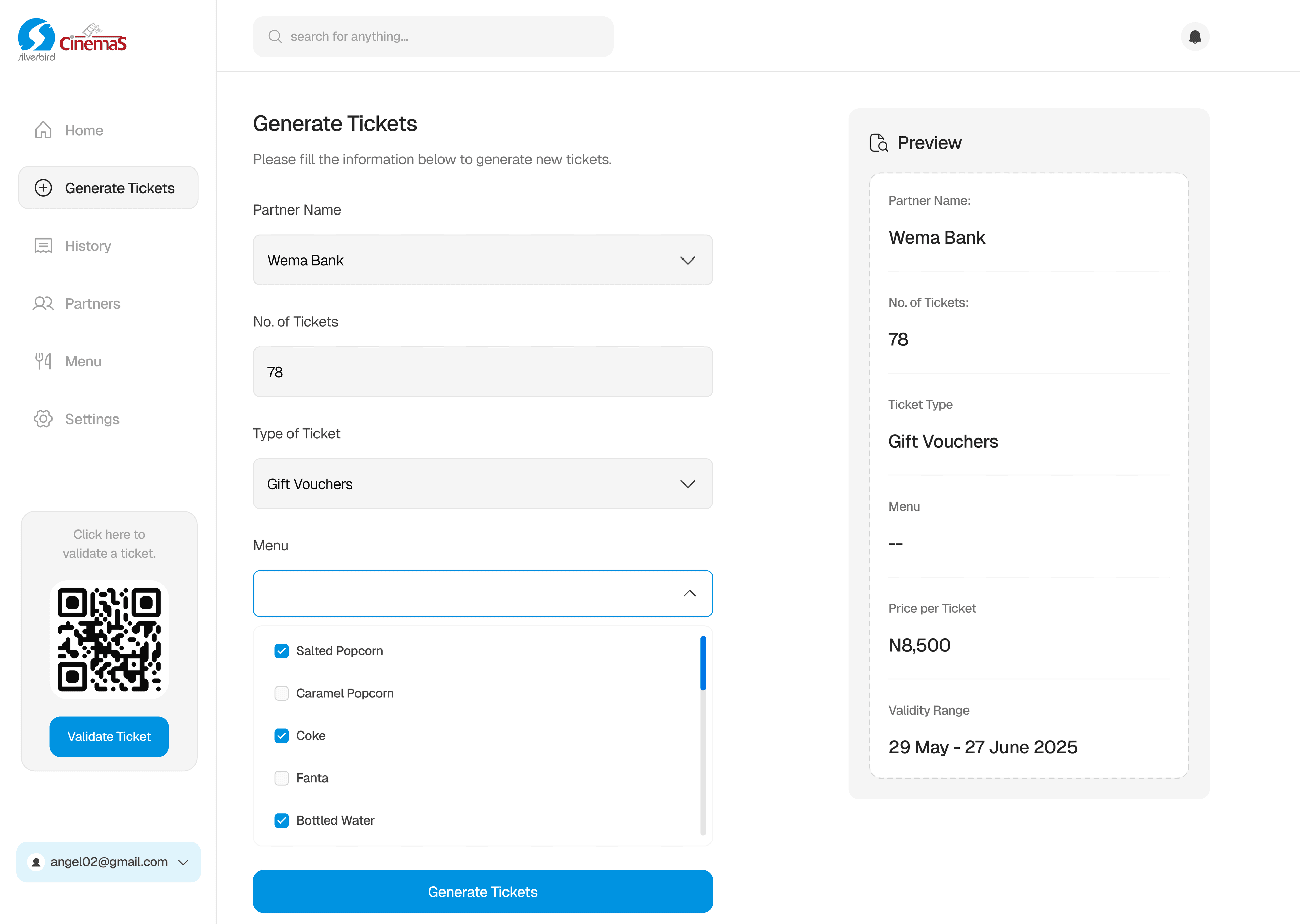 The Generate Tickets form completed for 78 Gift Voucher tickets for Wema Bank, with menu items selected and the preview showing the price per ticket and validity range