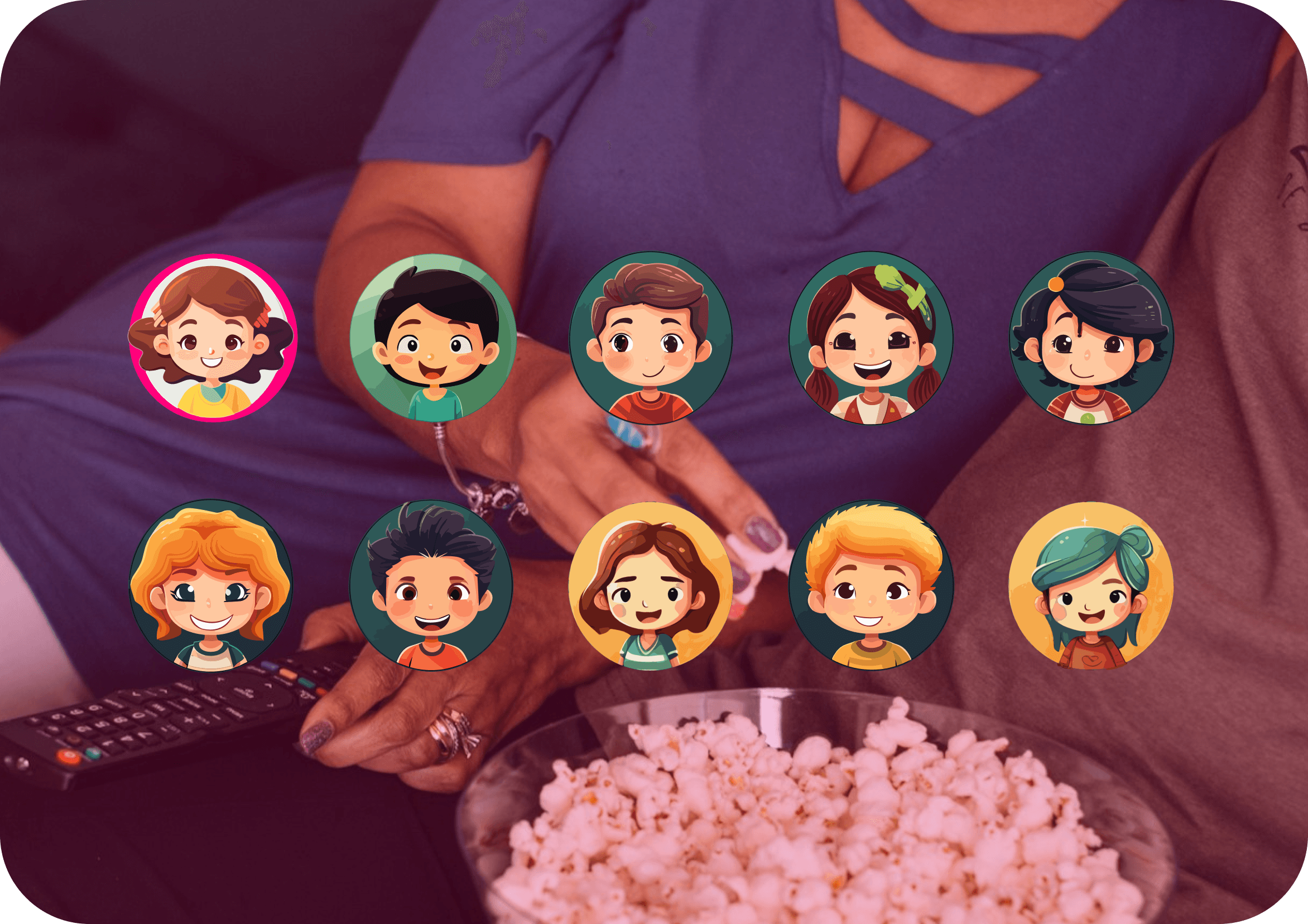 Ten circular party-guest avatars overlaid on a photo of someone holding a remote control beside a bowl of popcorn