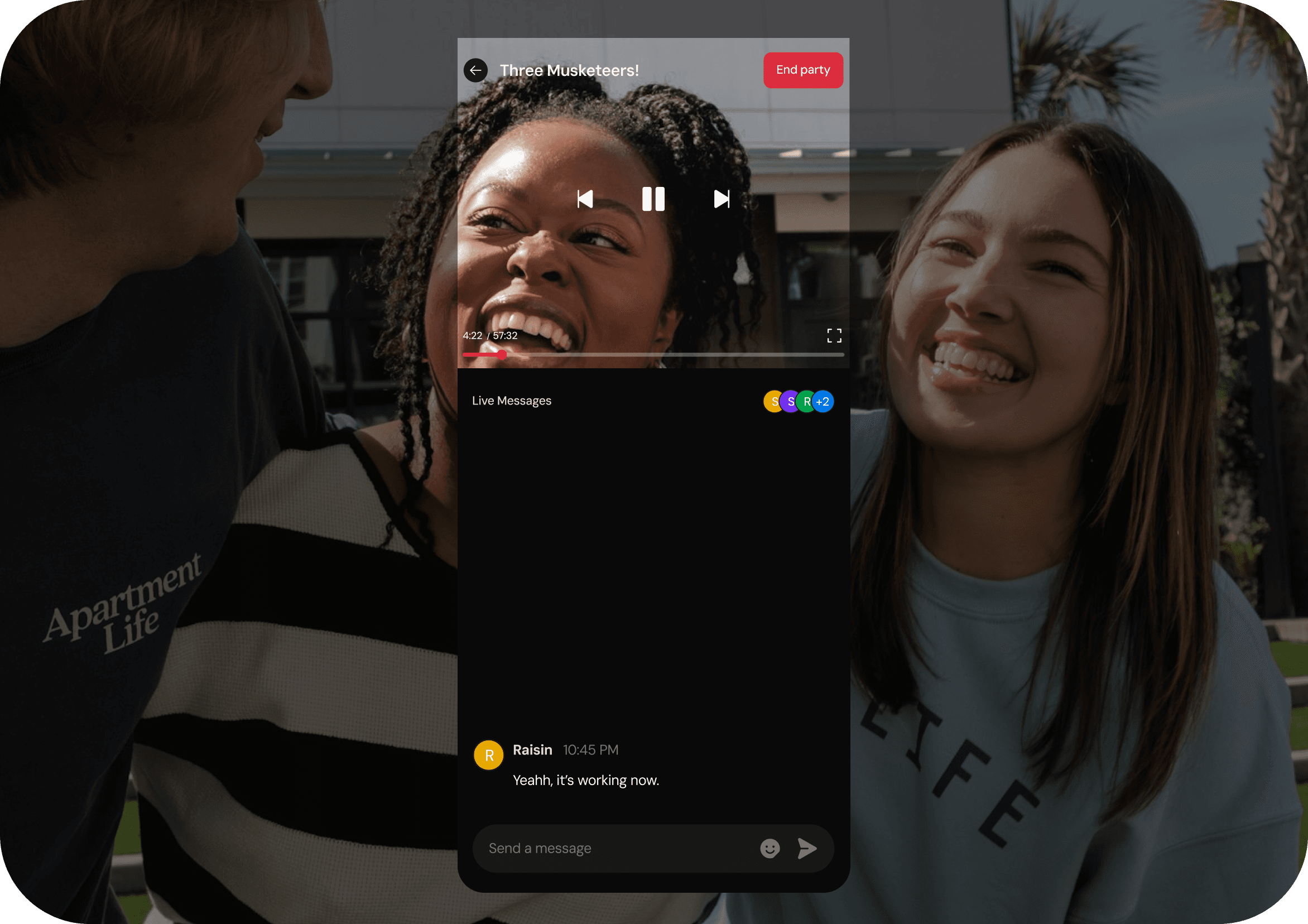A SyncWatch watch-party screen with synced video playback and live chat messages, overlaid on a photo of two friends laughing together outdoors