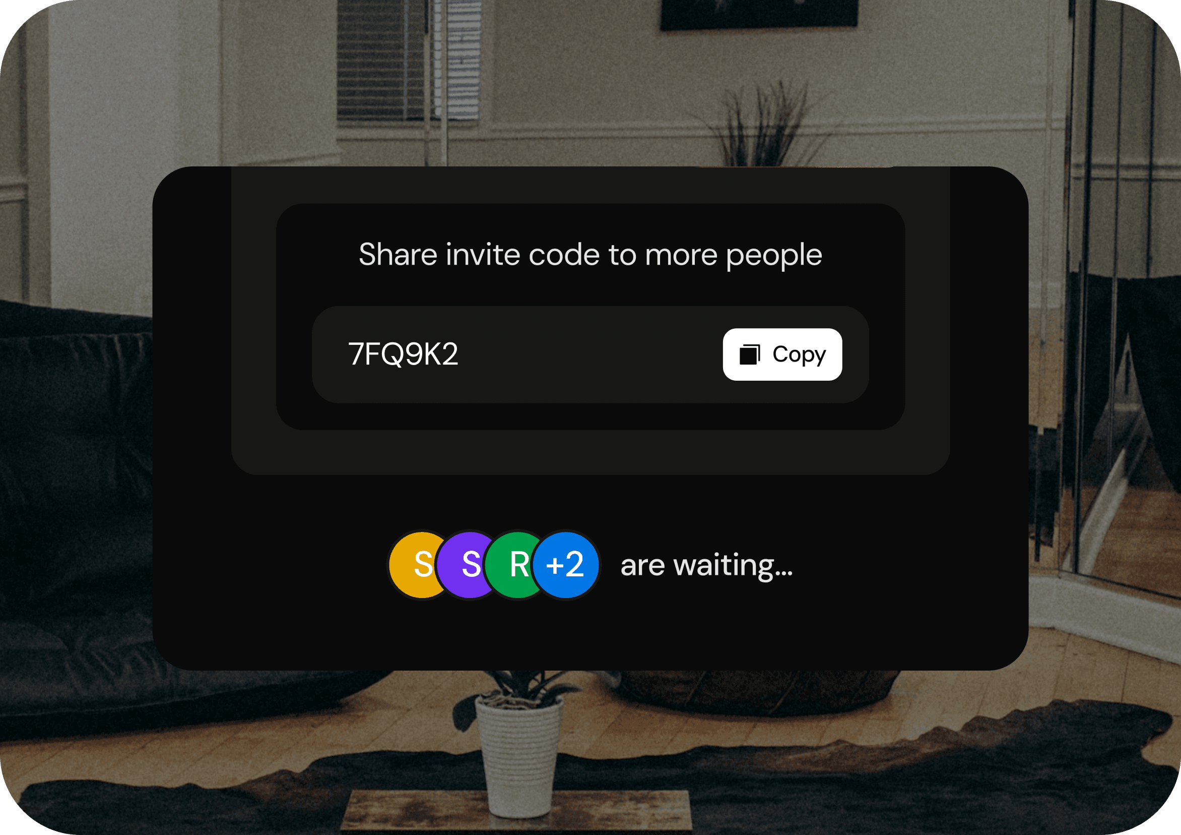 A SyncWatch modal for sharing a watch-party invite code, with guests shown waiting to join, overlaid on a photo of a living room
