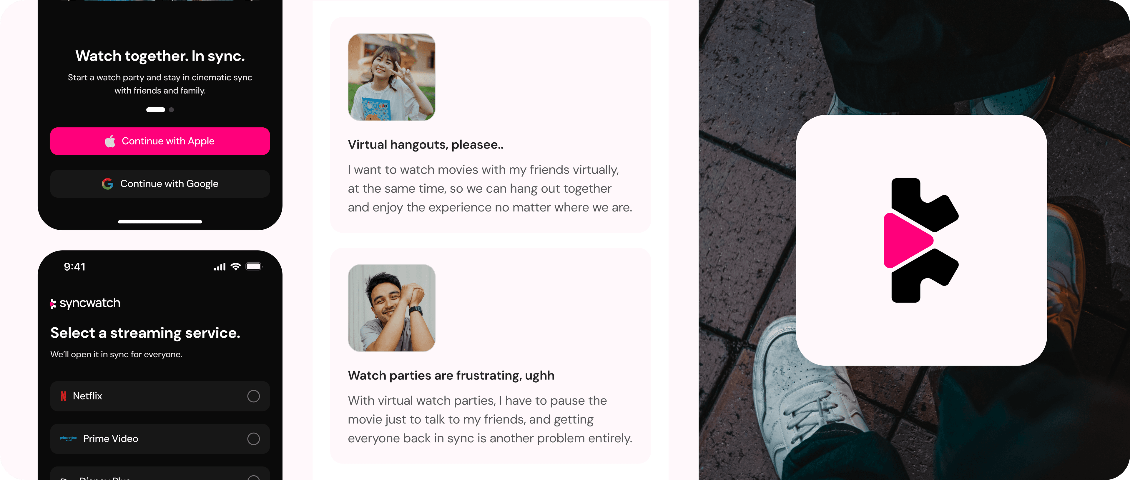 SyncWatch onboarding screens for signing in and selecting a streaming service, alongside two user quotes about wanting to watch movies together virtually