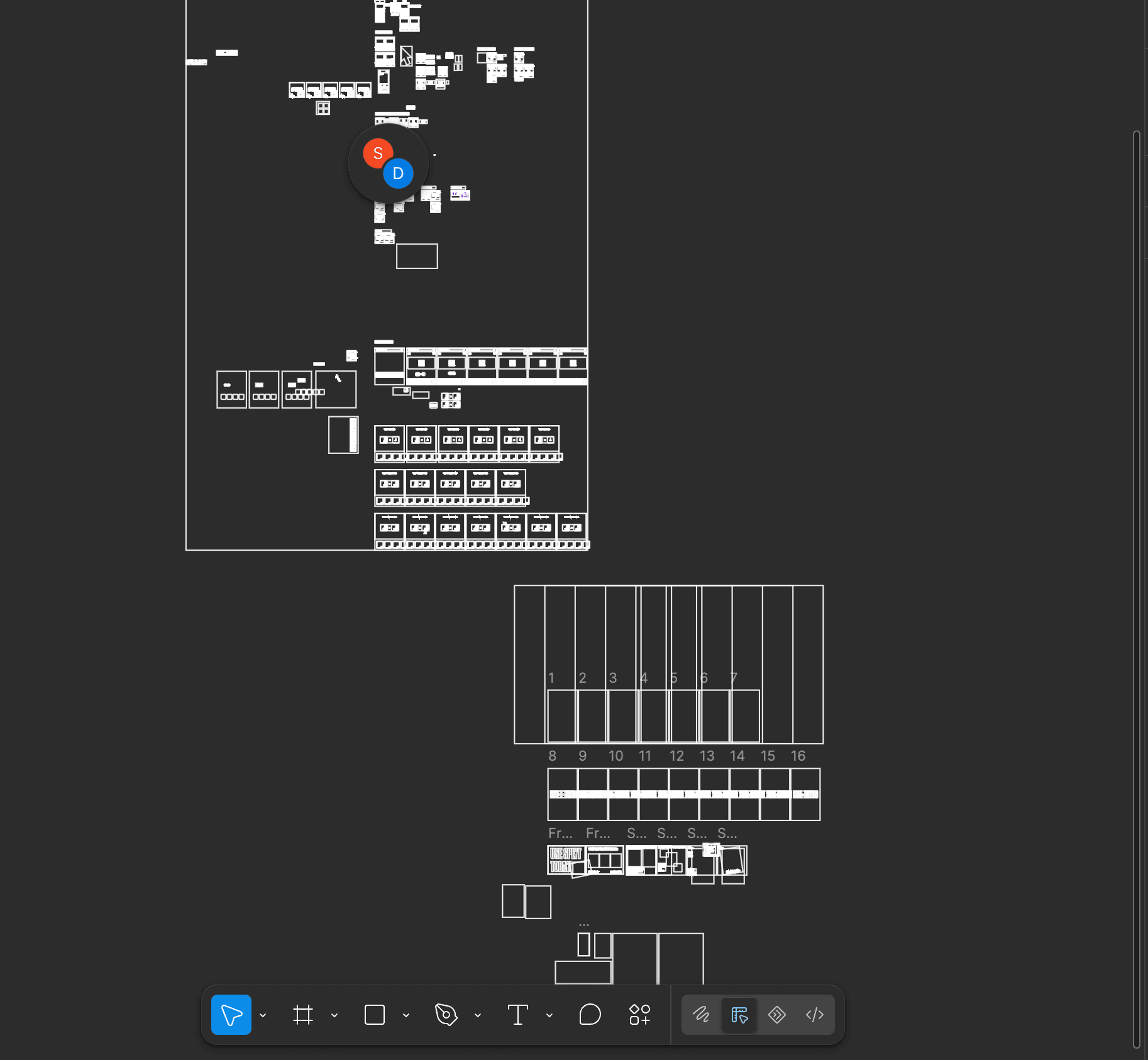 A Figma canvas of low-fidelity wireframes and layout explorations for Fraymer, the team behind Flyp