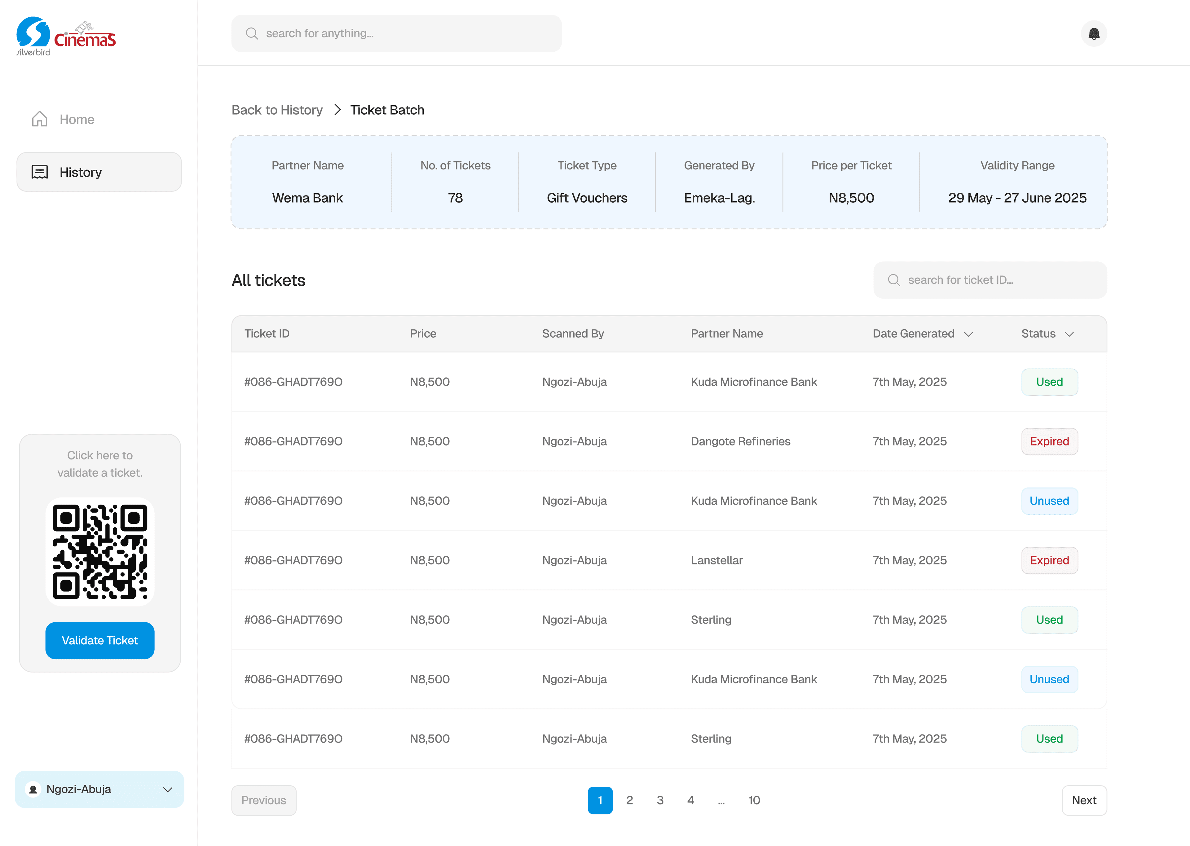 A Sales Agent’s Ticket Batch page, with a summary of the batch above a table of its tickets showing Ticket ID, price, scanning staff member, partner, generation date and status