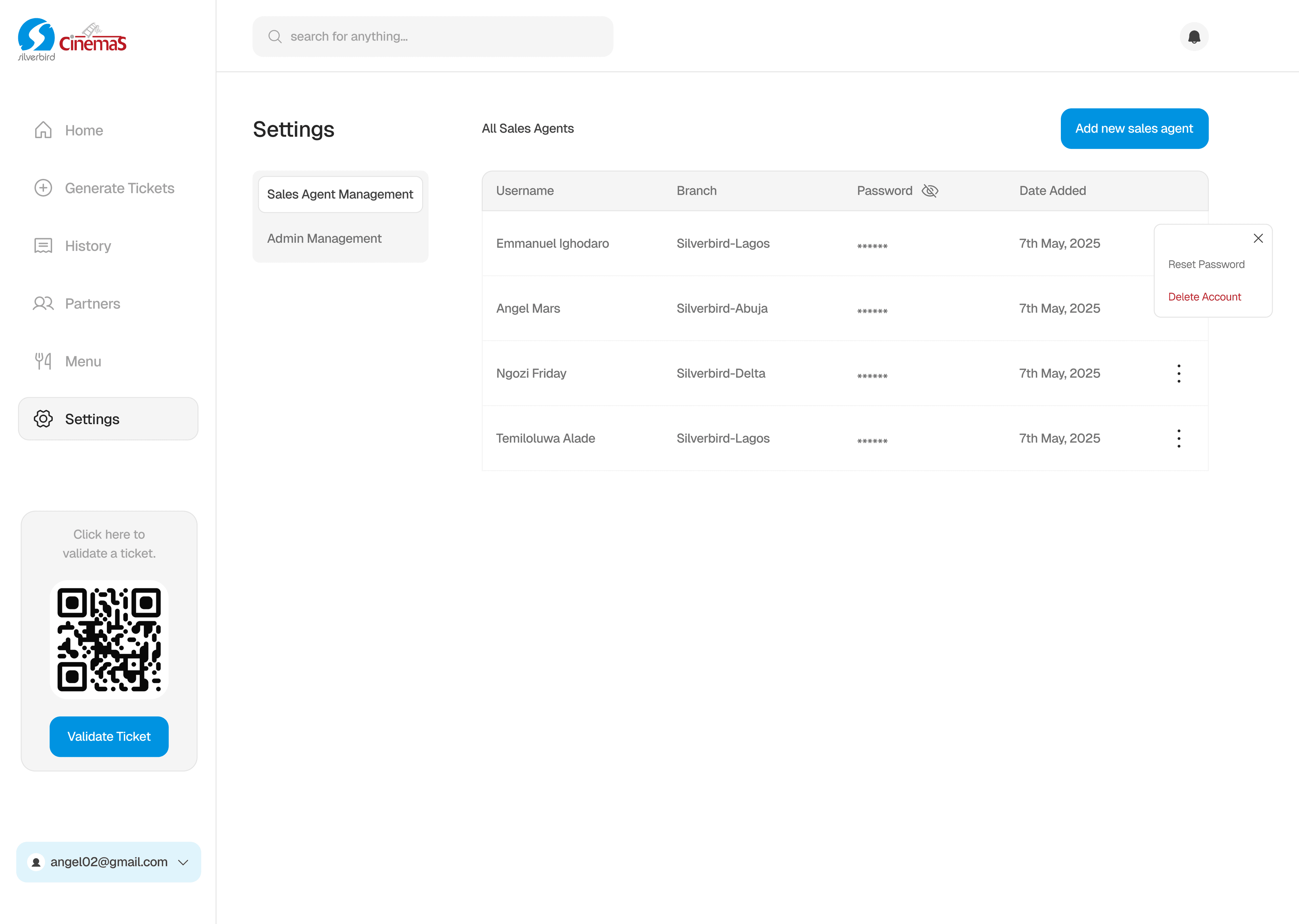 Settings on the Sales Agent Management tab, listing sales agents with their username, branch, hidden password and date added, with an open menu to reset a password or delete an account