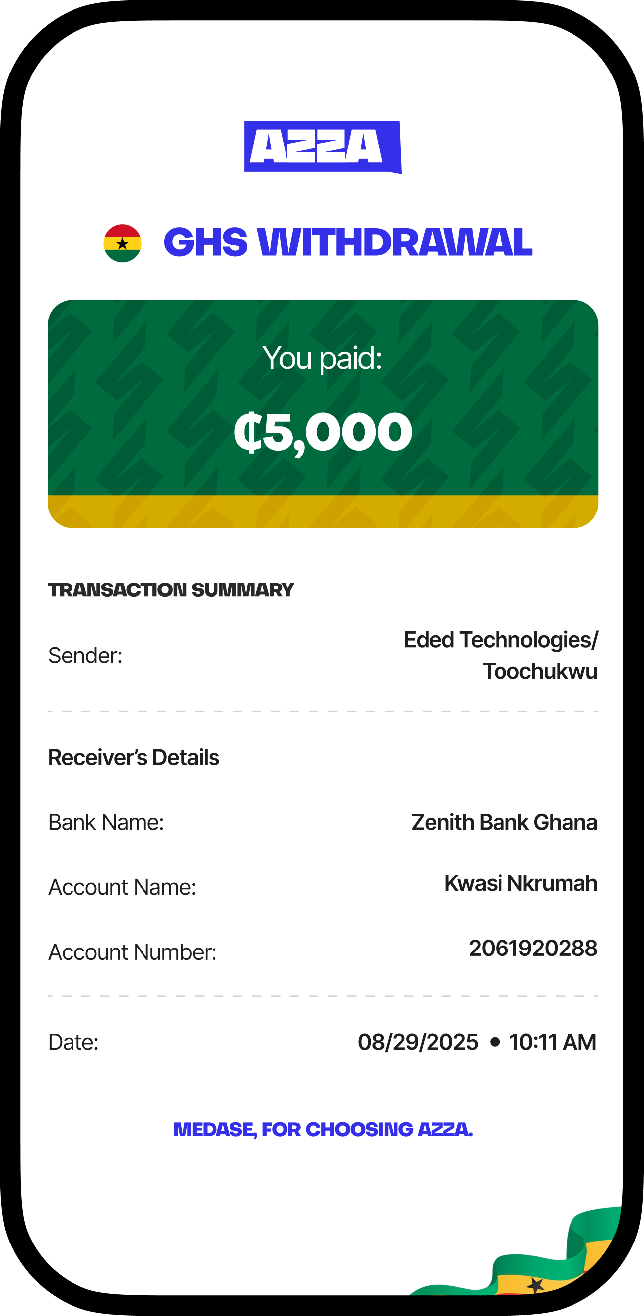GHS withdrawal receipt on Azza