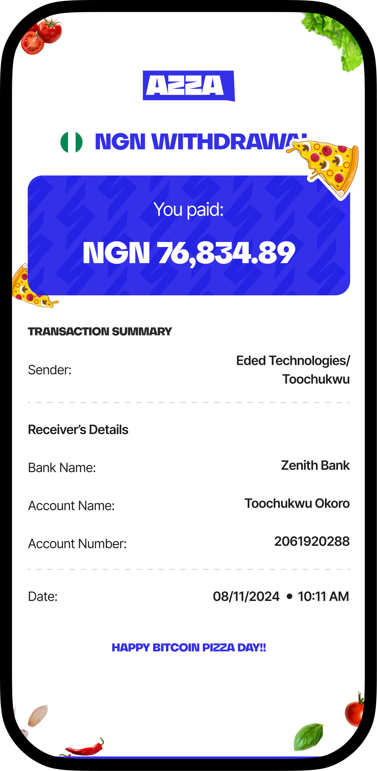 NGN withdrawal receipt on Azza