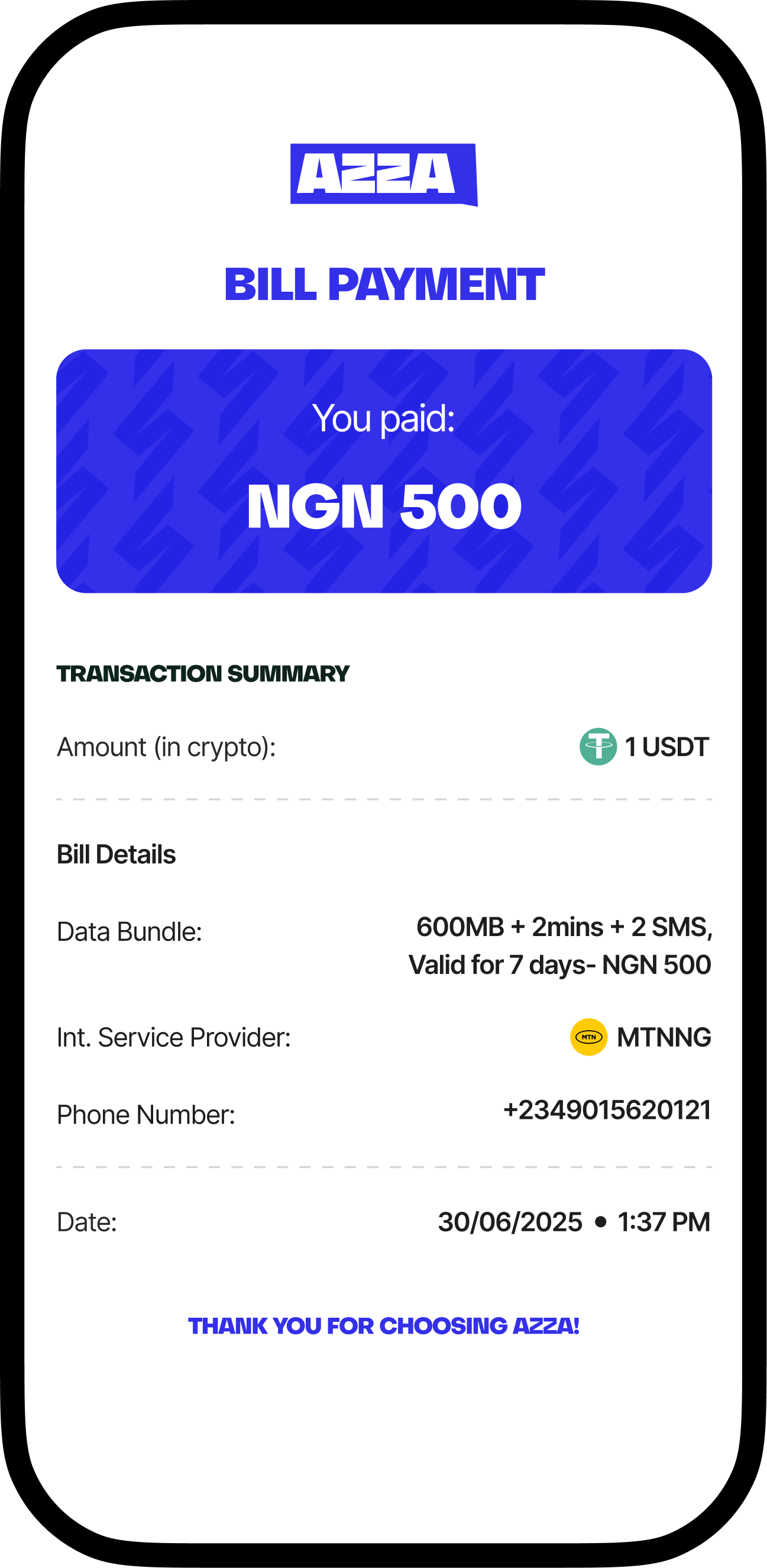 Bill payment receipt on Azza