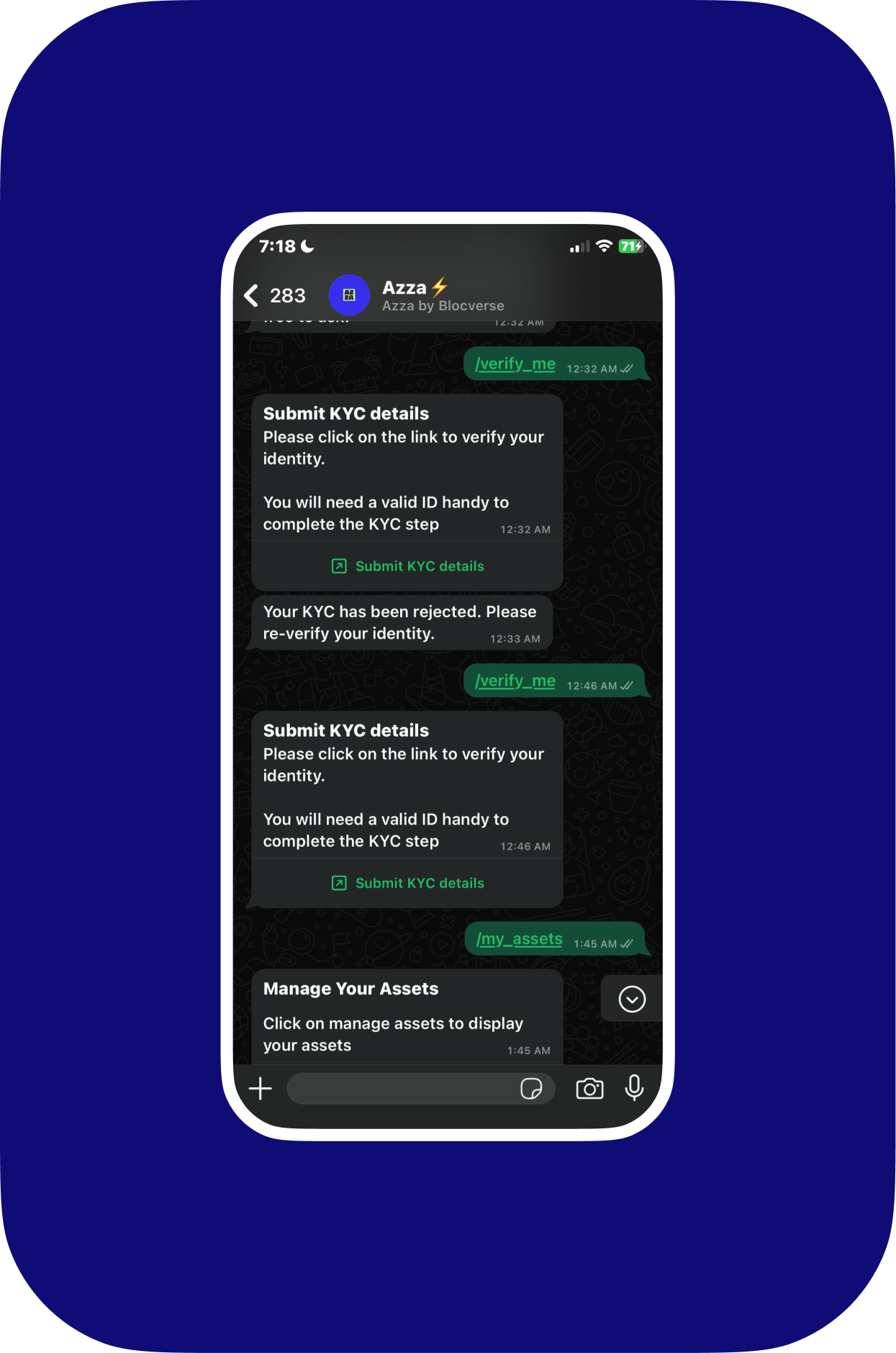 KYC verification flow in WhatsApp interface